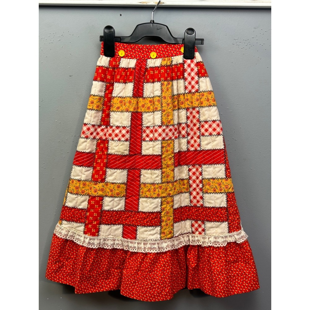 Her‎ Majesty Skirt Girls 6X Red Multi Quilted Patchwork Maxi Lace Trim Vintage
